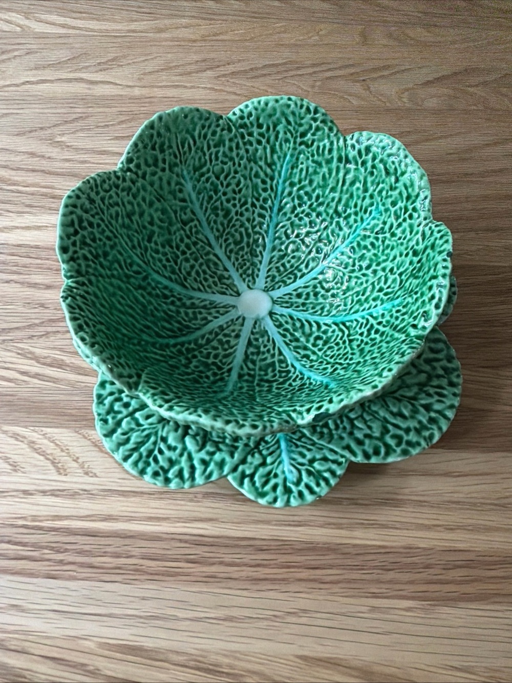 Vintage Bordallo Pinheiro Portugal Cabbage Leaf Bowl Saucer Green Pottery *read